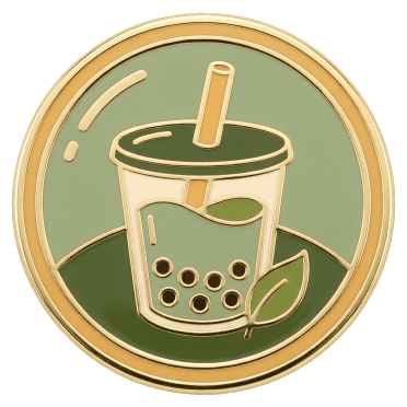 The First sip badge: an illustrated drink inside a matcha-green ring